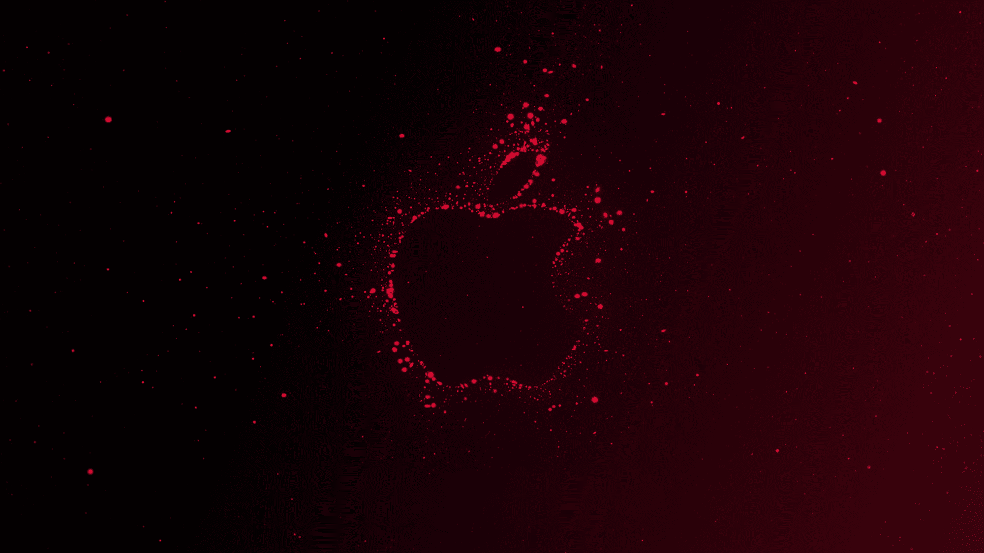 A stylized red Apple logo surrounded by a speckled gradient background.
