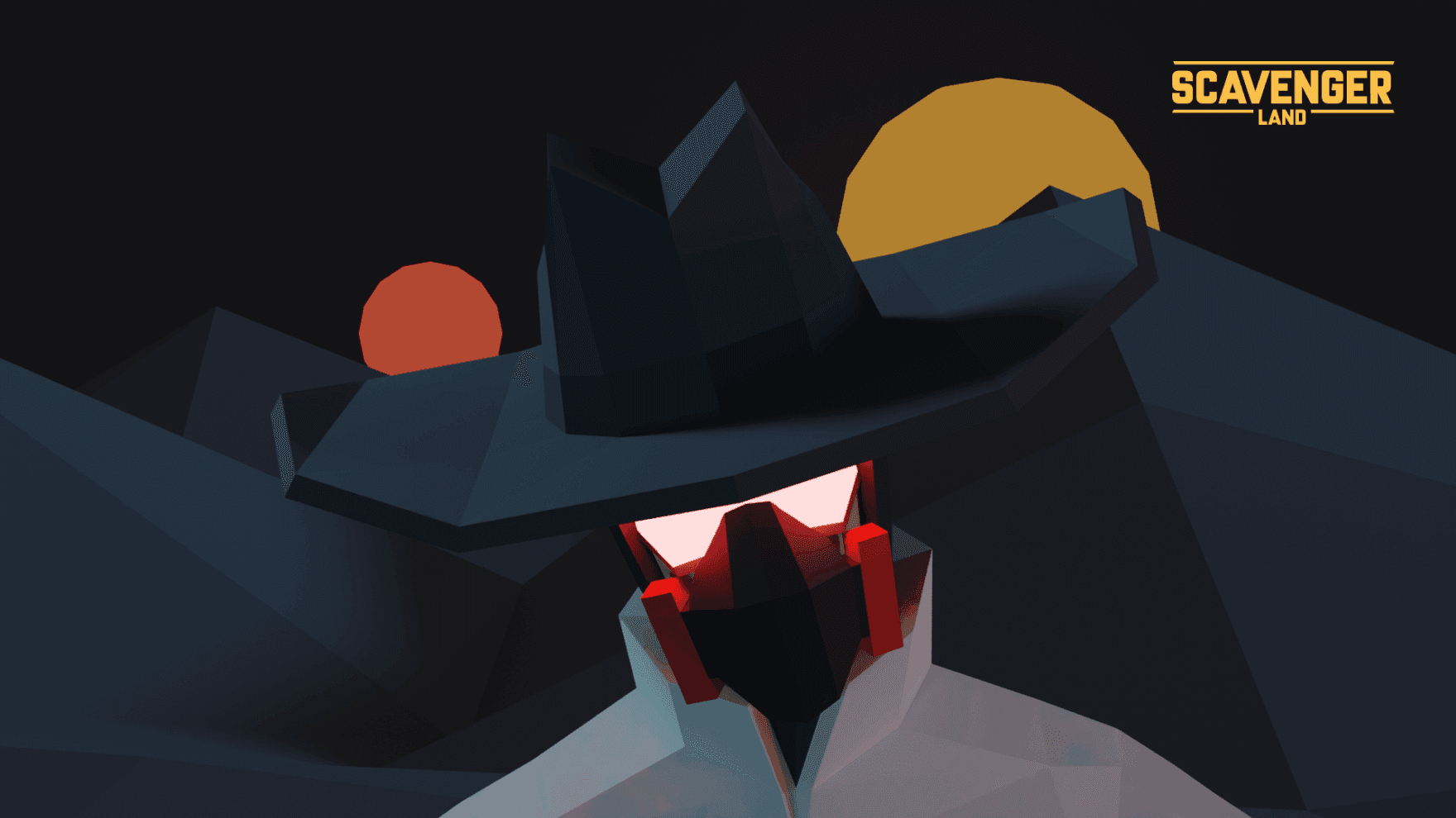 A hooded figure with a wide-brimmed hat and glowing eyes stands against a dark landscape with abstract mountains and a sunset.