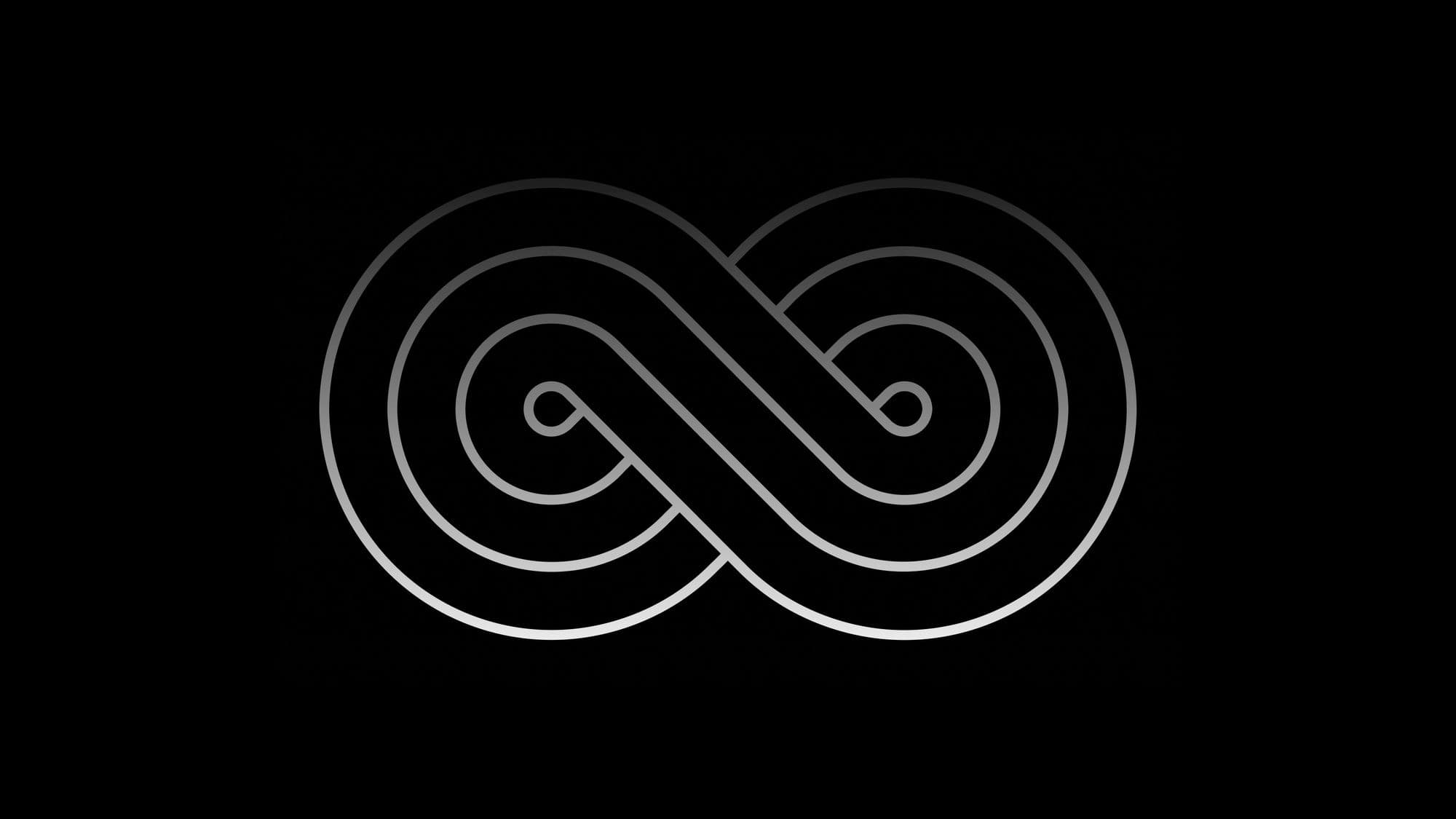 A stylized infinity symbol in silver lines against a black background.