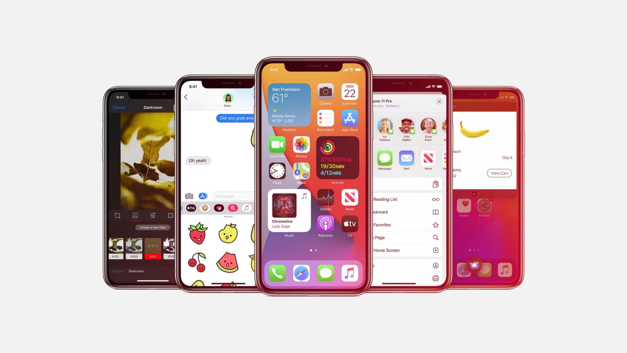 Five iPhones displaying various apps: photo editing, messaging, weather, calendar, and shopping cart with a banana.