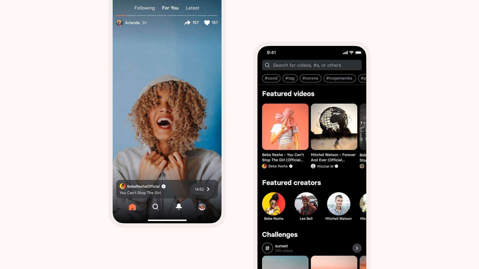 A social media app interface showcasing a joyful person with curly hair on the left and featured videos and creators on the right.