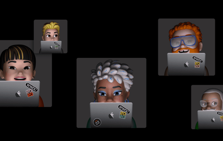 Five diverse characters with animated features are using laptops, each displaying stickers, engaged in a virtual meeting.