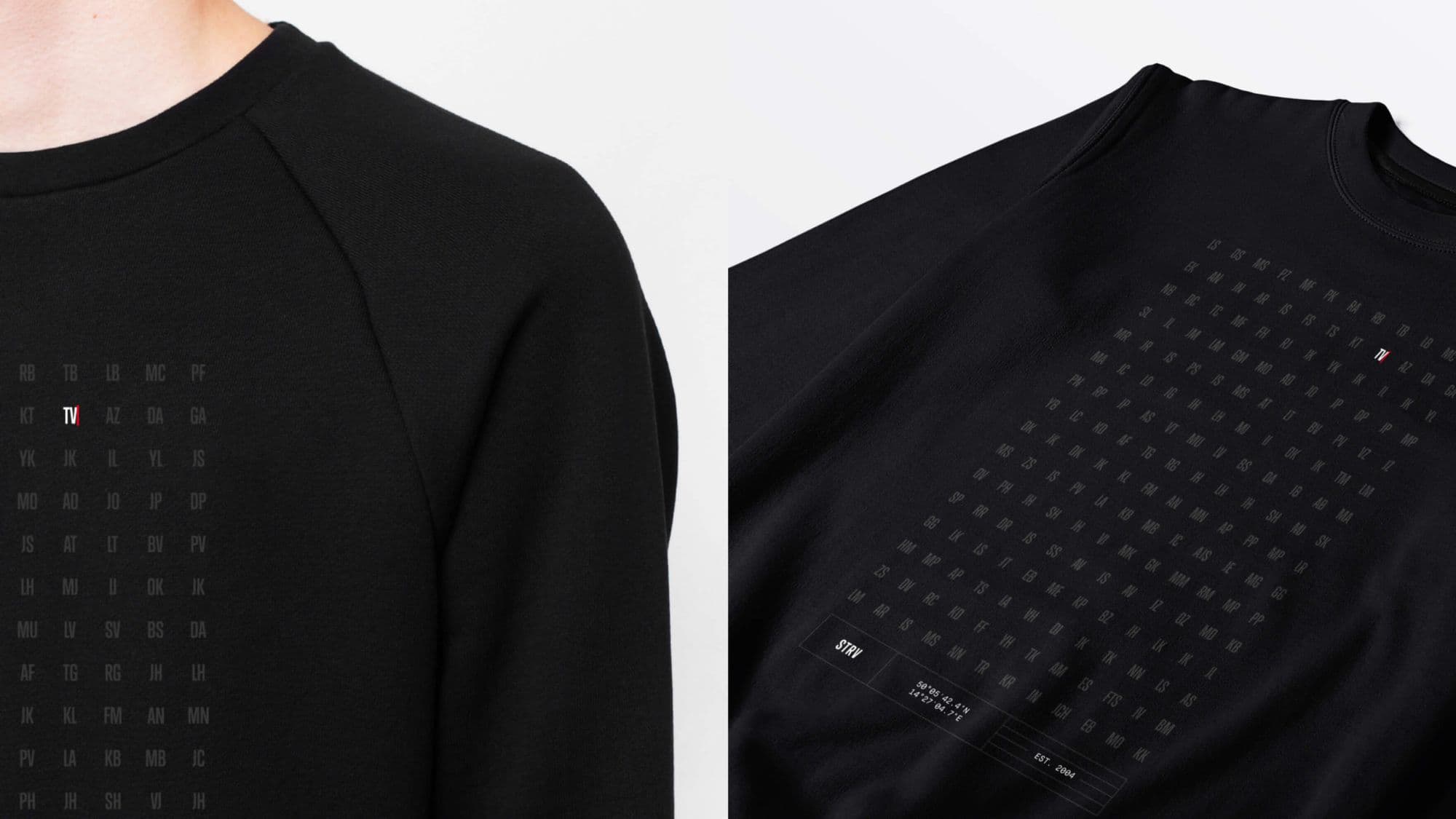 A black sweatshirt features a grid of country codes and a logo on the chest, with a side view highlighting the collar and sleeves.