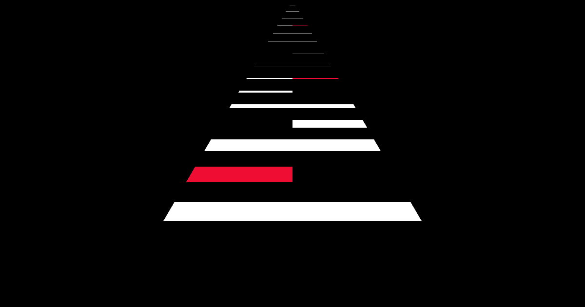 A stylized graphic resembling a mountain or pyramid with alternating black and white layers, accented by a red section.