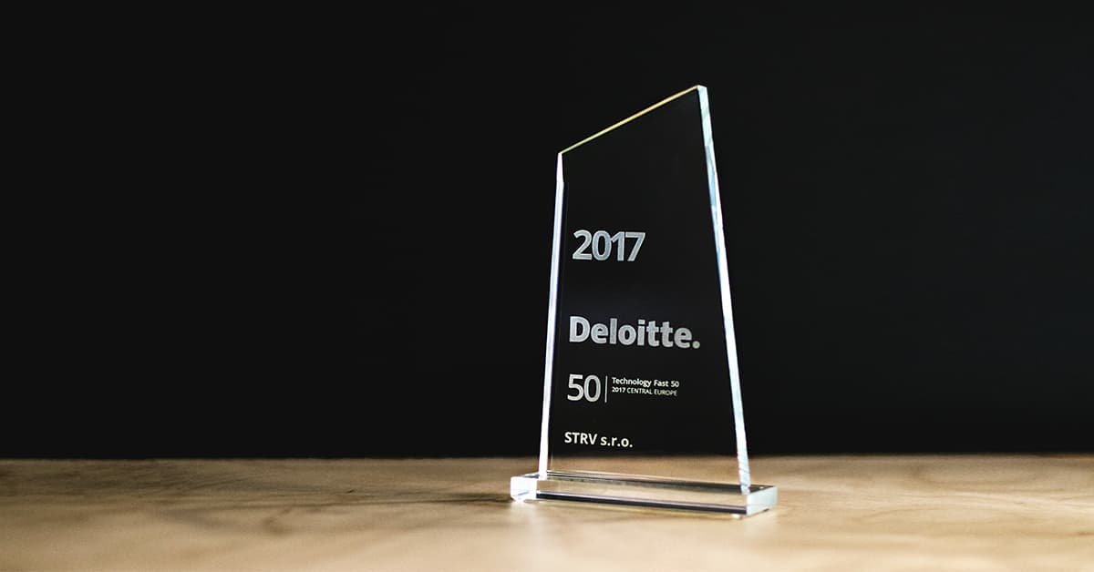 Deloitte Technology Fast 50 award for 2017, recognizing STRV s.r.o. on a clear glass trophy.