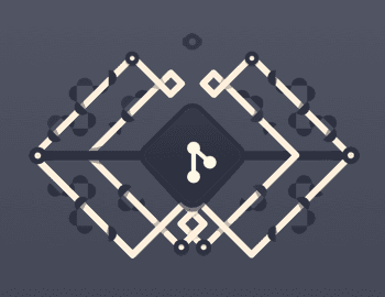 Abstract geometric design featuring interconnected lines and shapes, centered around a dark diamond with a connecting node.