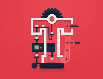 A stylized illustration of a mechanical diagram with gears, pipes, and a control panel on a red background.