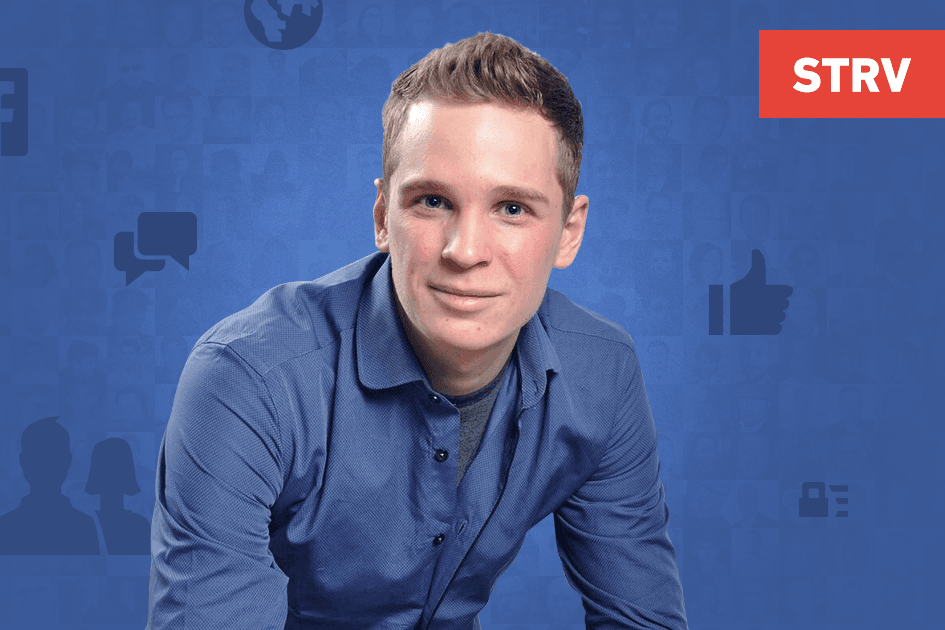 A young man in a blue shirt smiles at the camera, with social media icons and a red STRV logo in the background.