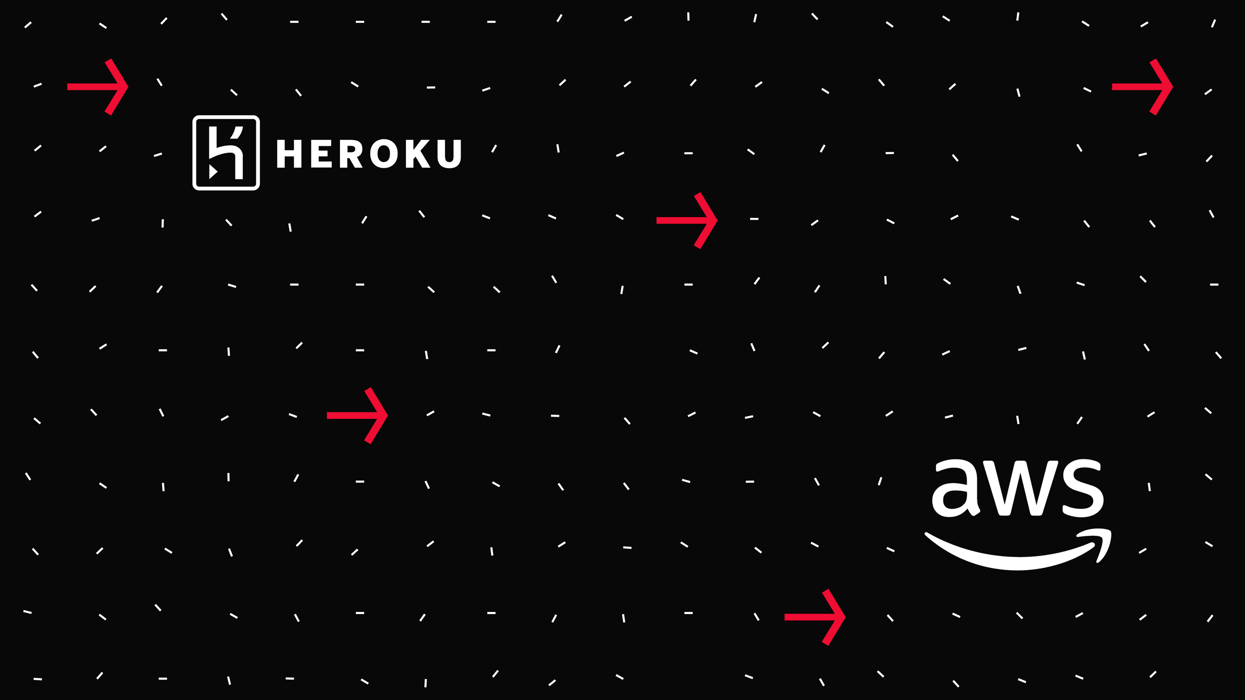 Heroku and AWS logos with red arrows pointing towards each, set against a black background with scattered white dots.
