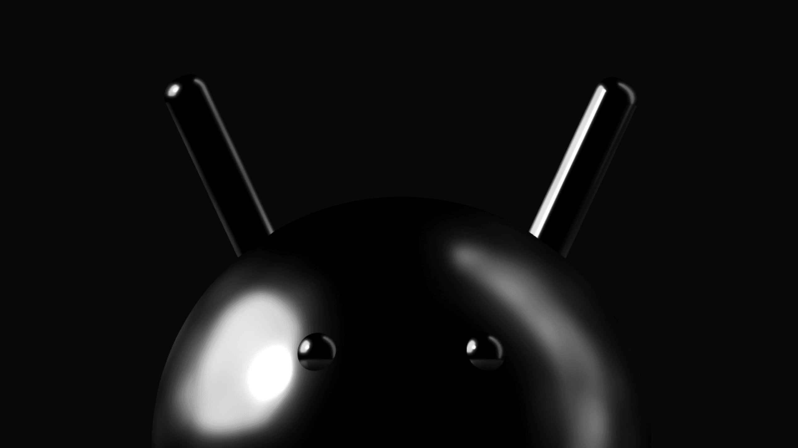 Black robot figure with antennae, set against a dark background, showing a shiny surface and minimal facial features.