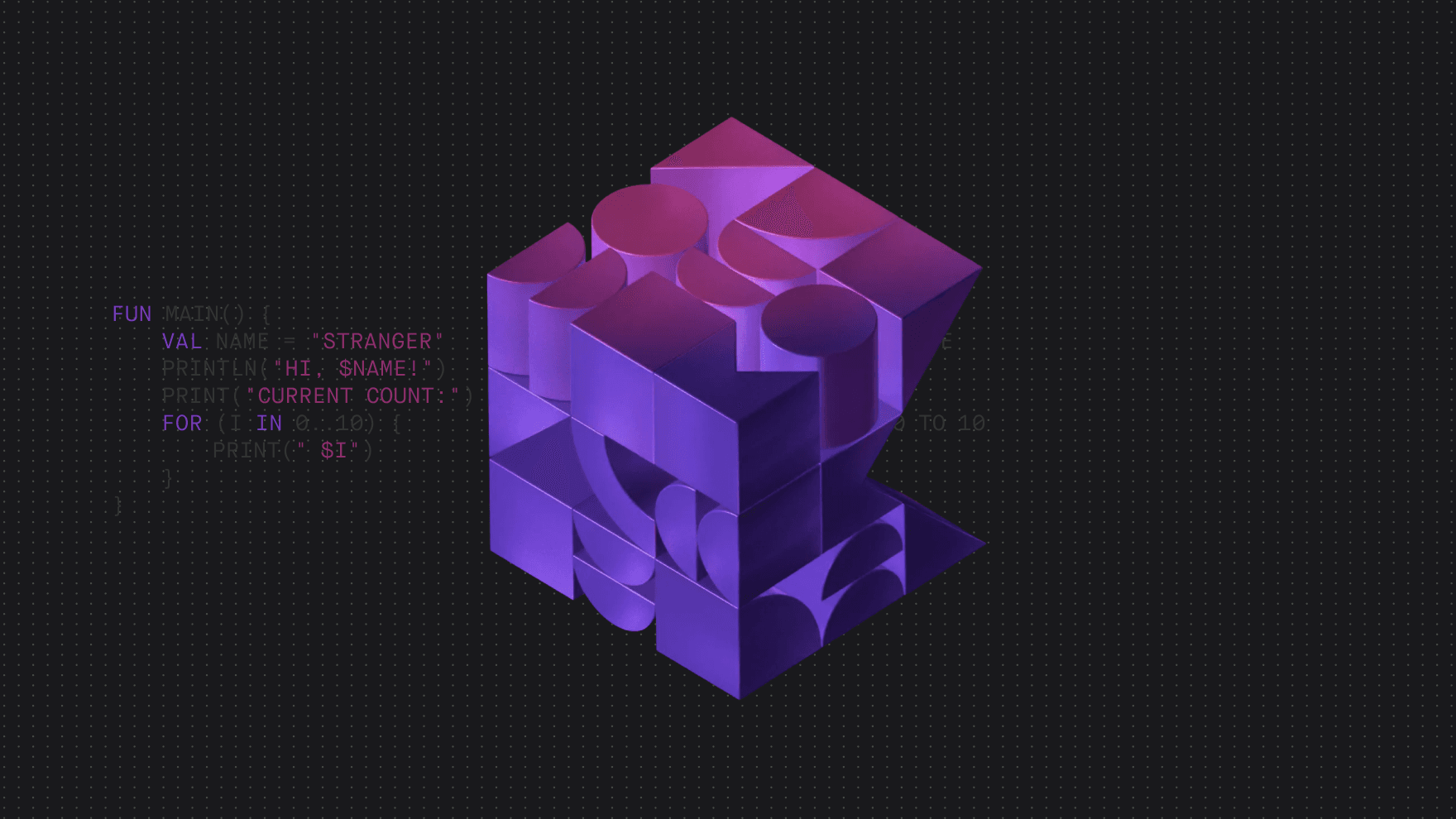 A 3D geometric shape composed of purple and pink blocks and circles, set against a dark background with code snippets.