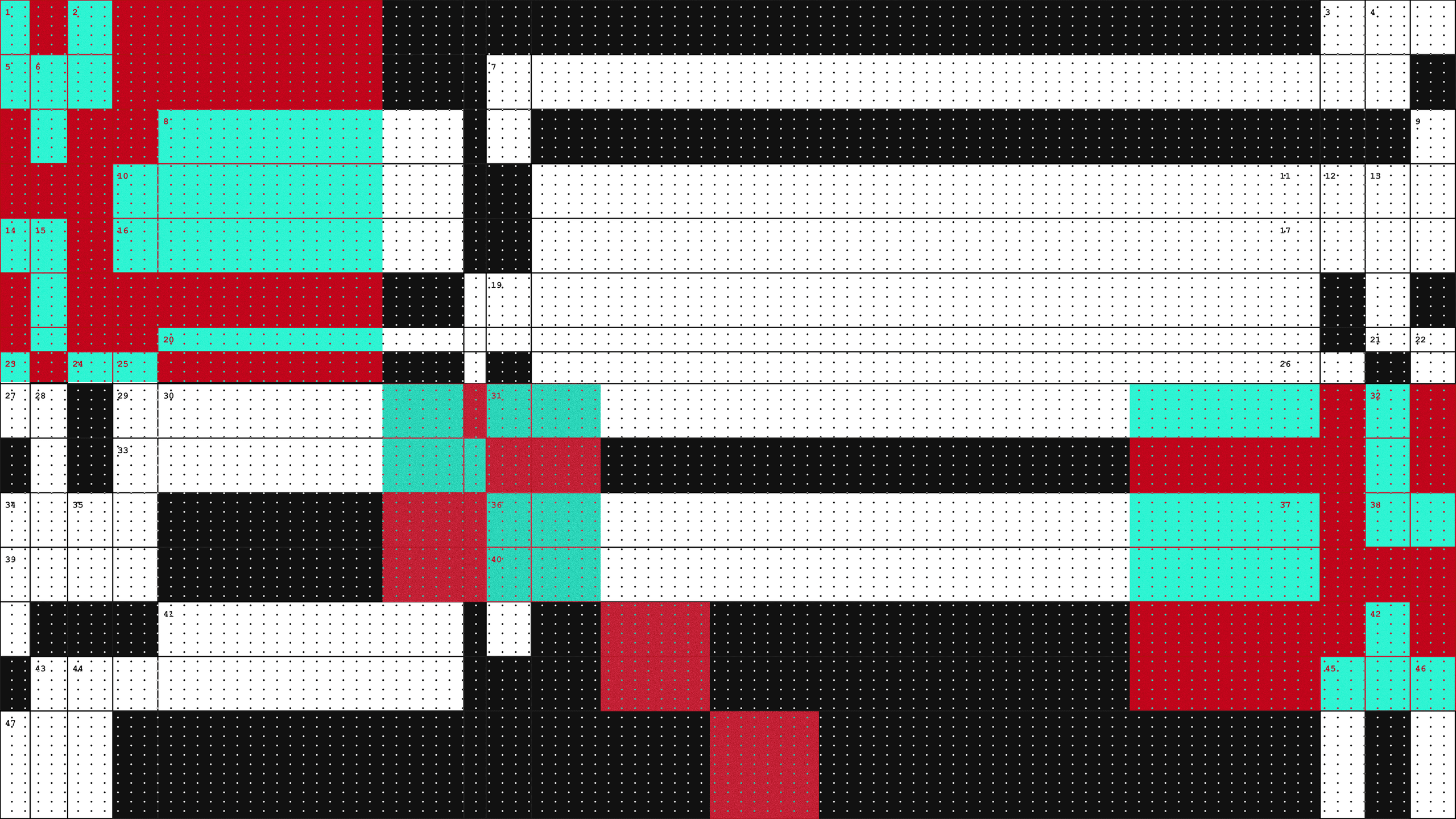 A grid pattern with colorful blocks in red, cyan, white, and black, displaying various numbers and a structured layout.