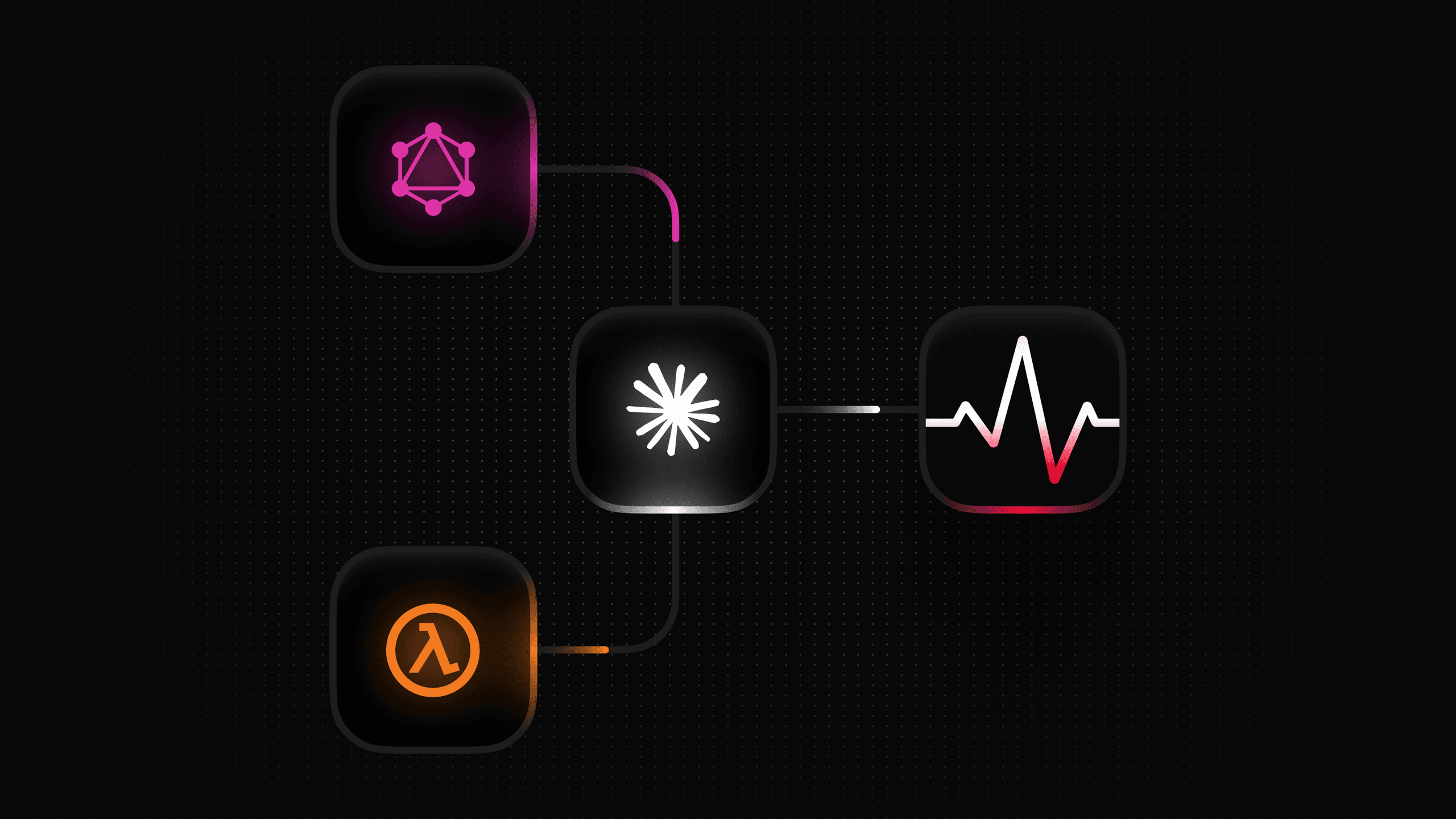 Flowchart depicting connections between GraphQL, a central node, and monitoring signals, indicated by waveform icons.