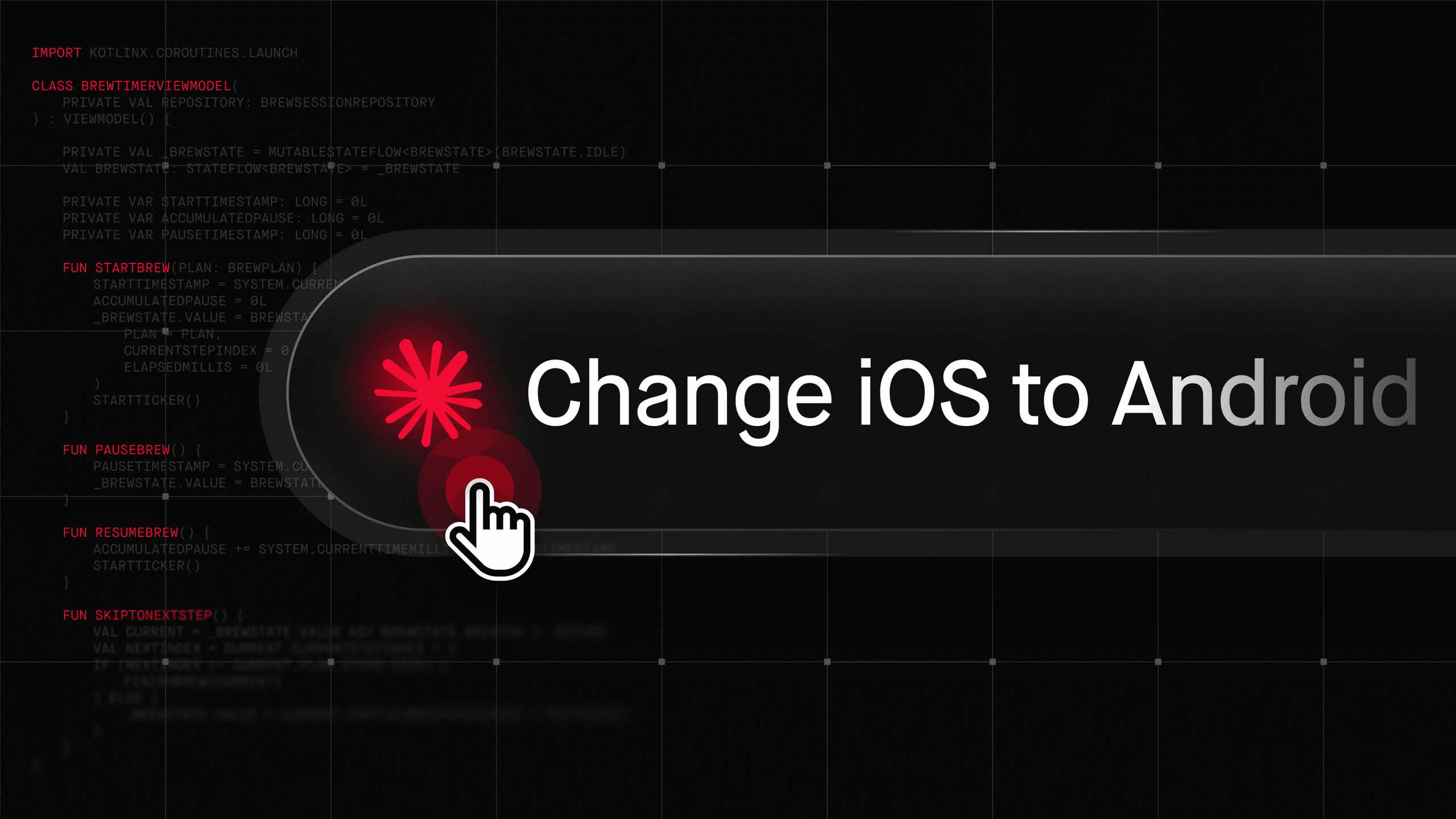 Blog post cover illustration showing a 'Change iOS to Android' concept with code snippets in the background