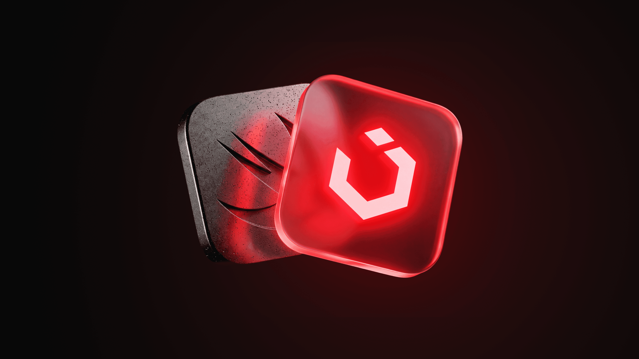 Two stylized app icons, one with a red glow and a white symbol, overlapping on a dark background.